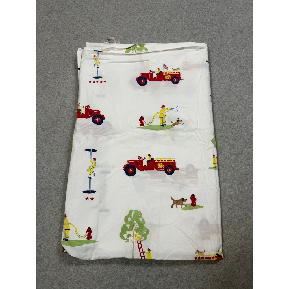Pottery Barn Kids Firefighter Fire Truck Twin Flat Sheet Cotton White Red